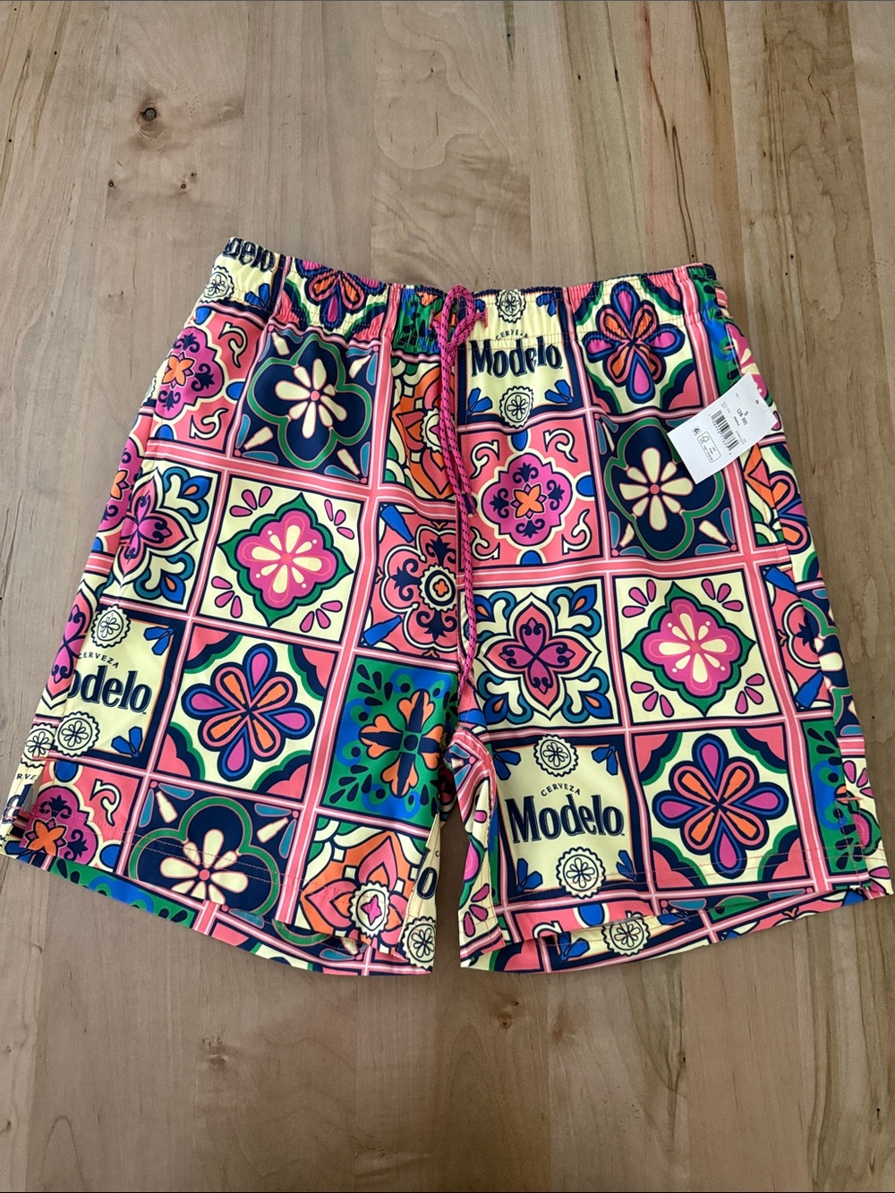 ModelCo Men’s Tile-Print Swim Trunks - Pink, Blue, Green, Yellow